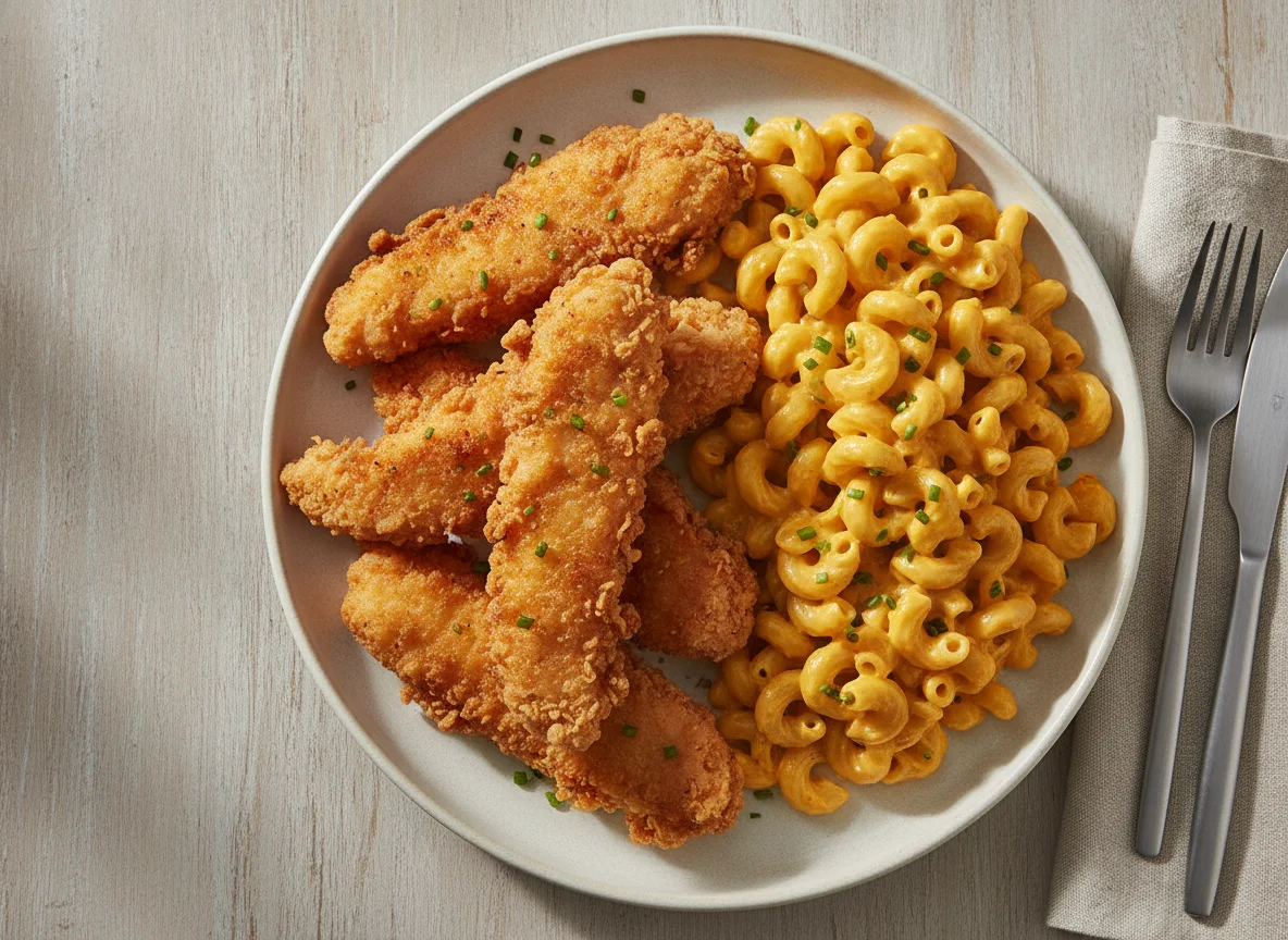 Fried chicken strips with mac and cheese photo