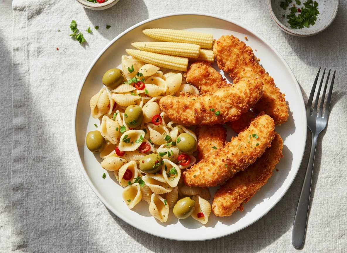 Fried Chicken Strips with Pasta, Olives and Baby Corn photo