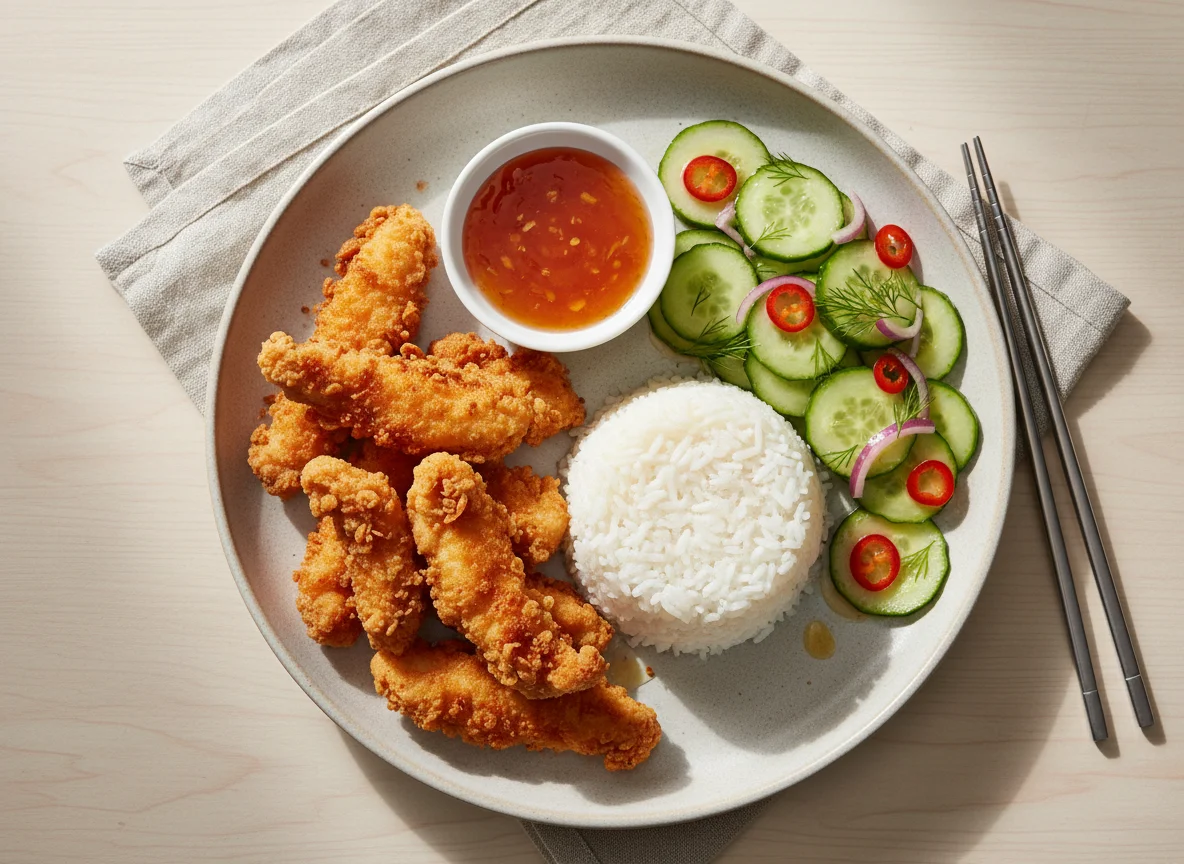 Fried Chicken Strips with Sweet and Sour Sauce, Rice, and Cucumber Salad photo