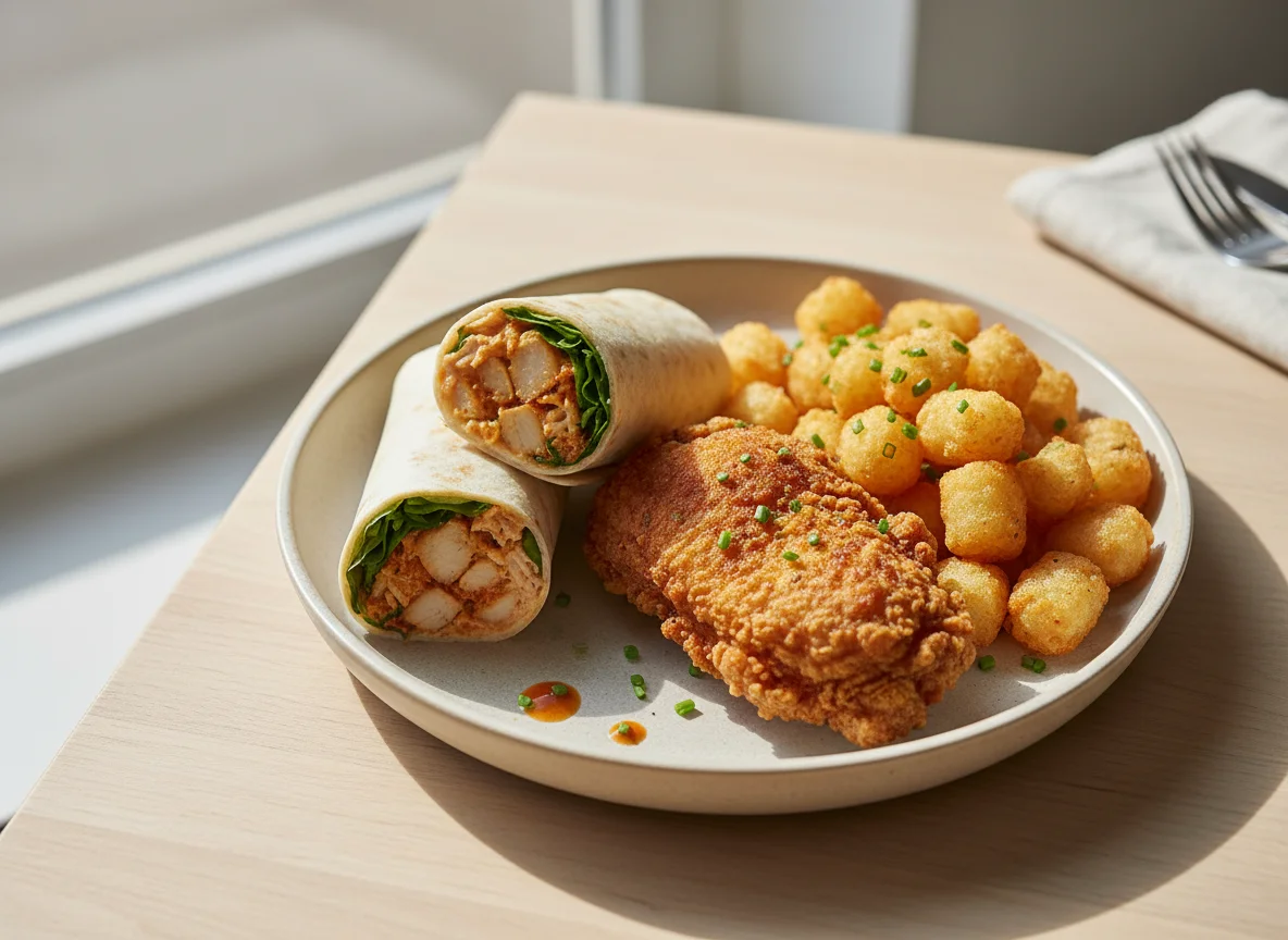 Fried Chicken, Tater Tots and Wrap photo