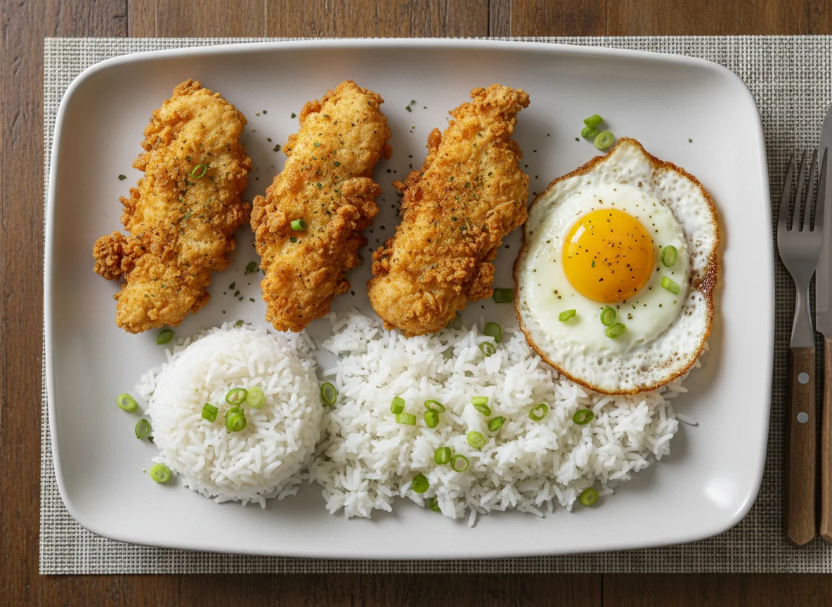 Fried Chicken Tenders with Rice and Fried Egg photo