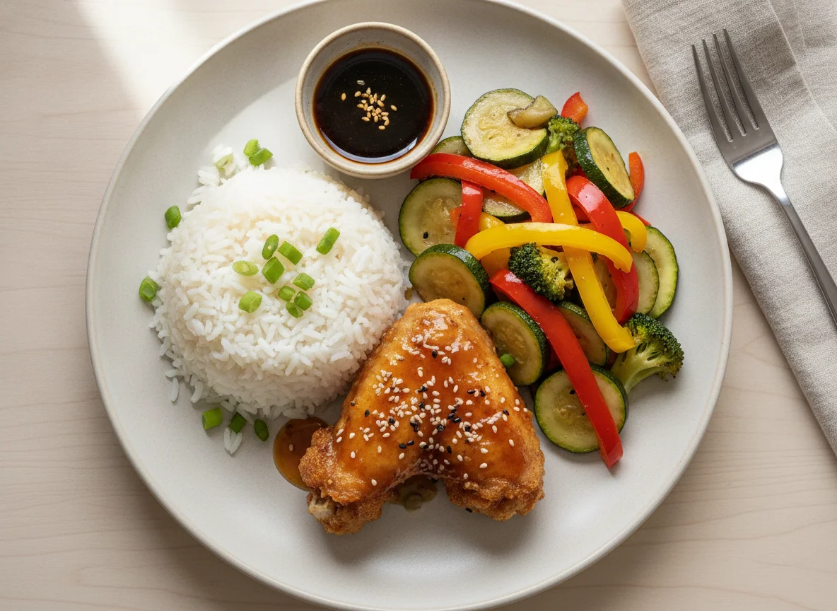 Fried chicken wing with white rice and sautéed vegetables photo