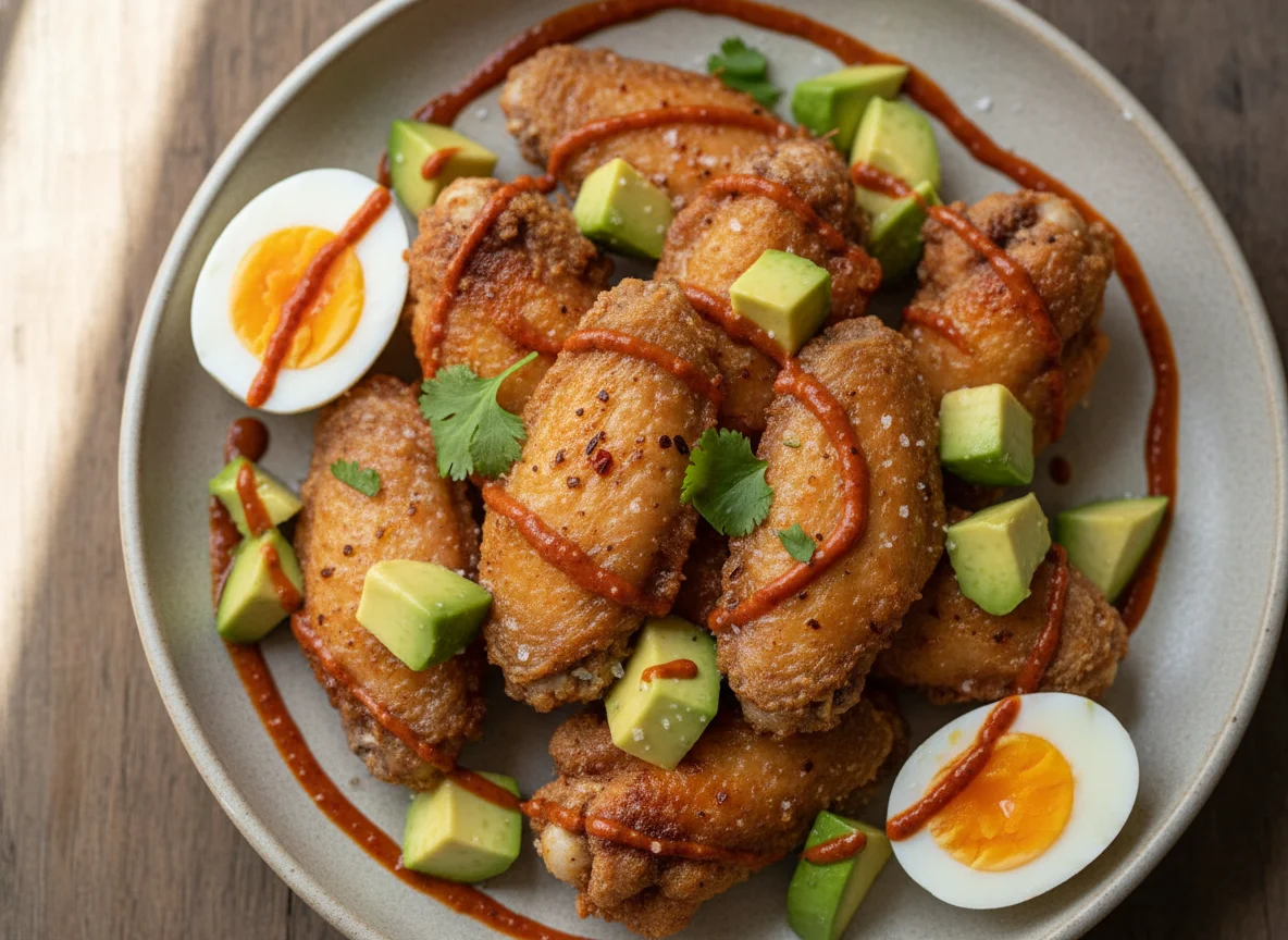 Fried Chicken Wings with Avocado and Hard-Boiled Eggs photo