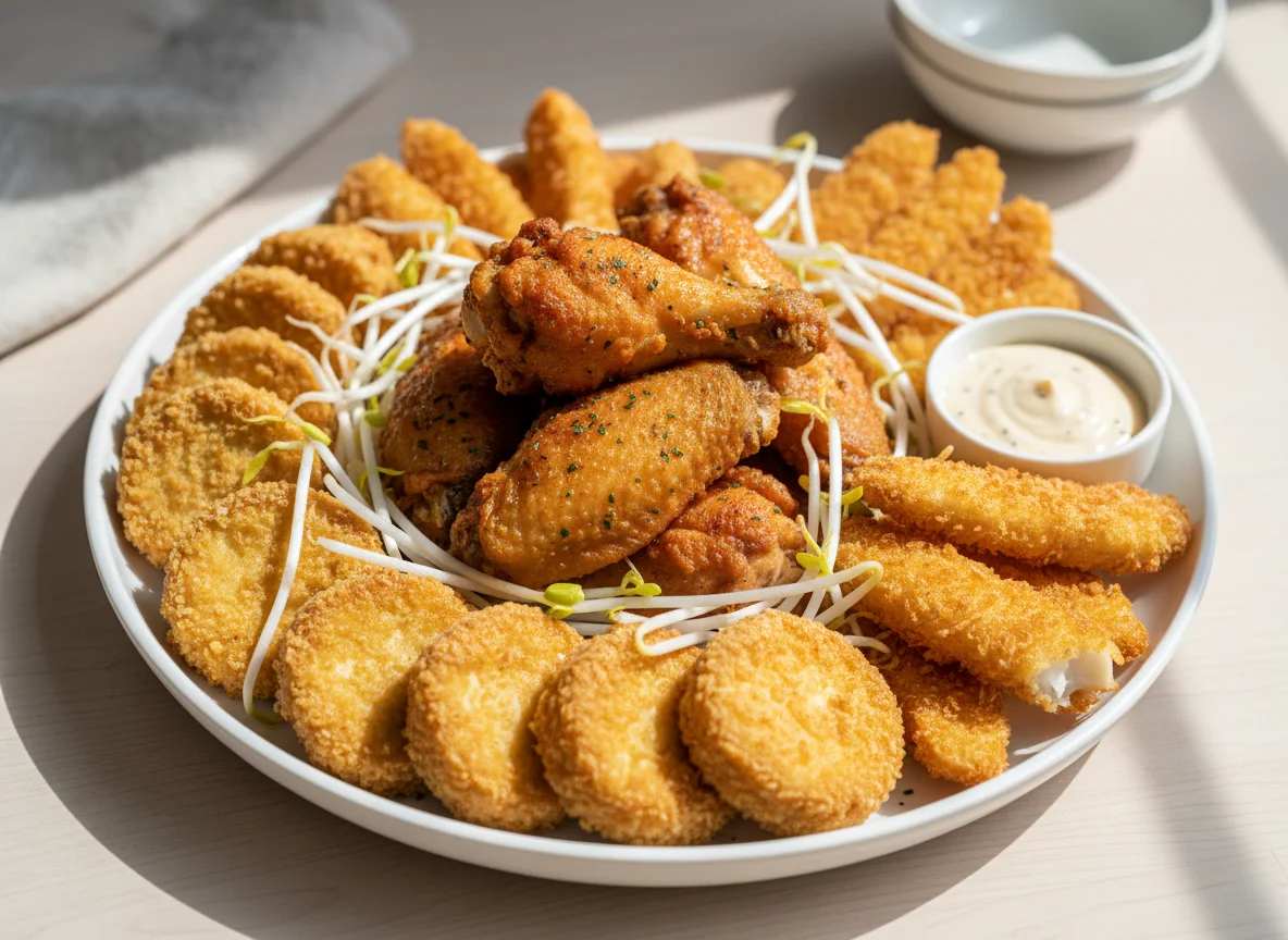 Fried Chicken Wings with Bean Sprouts and Fried Tofu photo