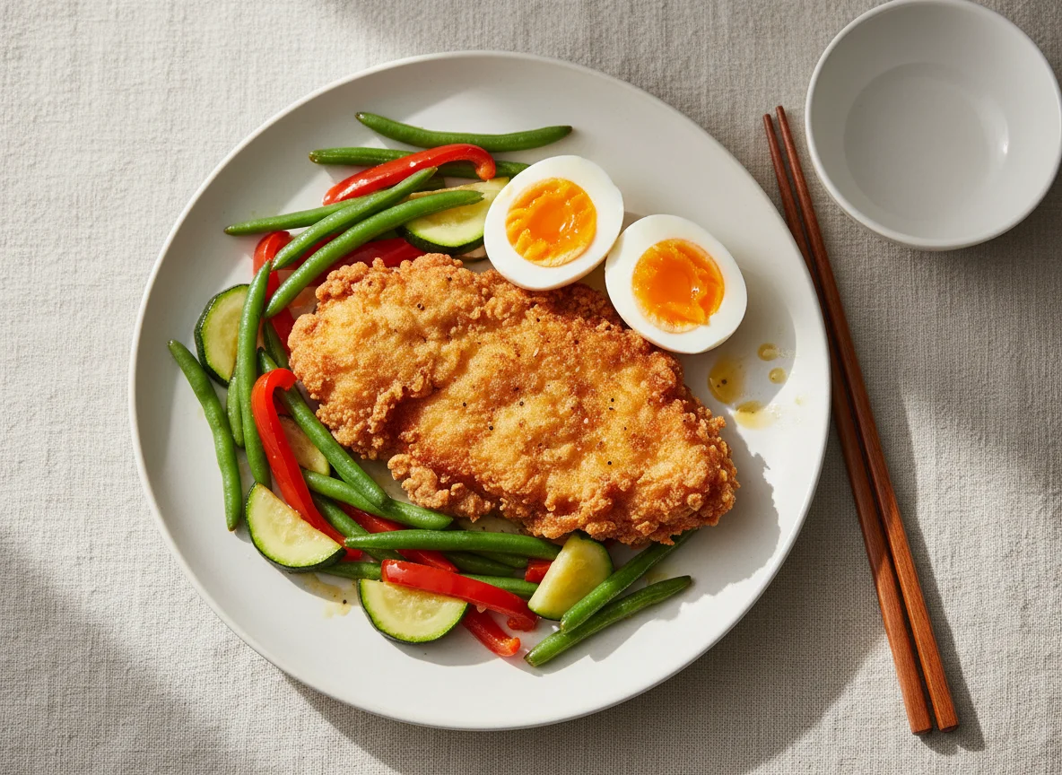 Fried Chicken with Boiled Eggs and Sautéed Vegetables photo