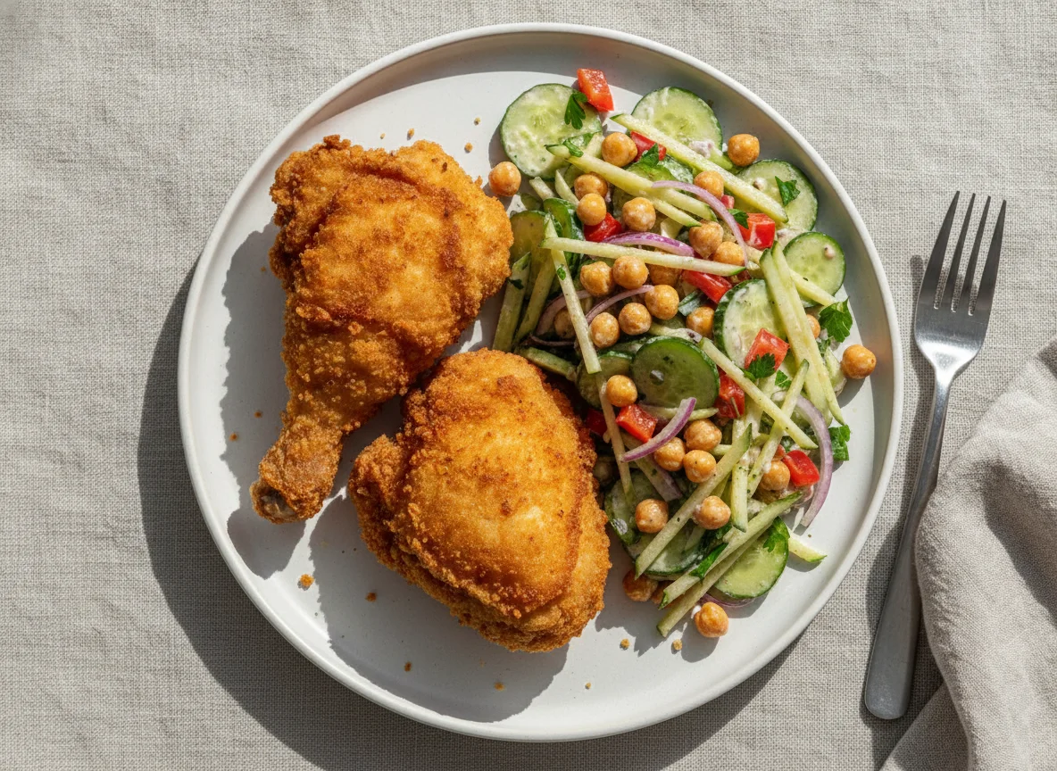 Fried Chicken with Chickpea and Vegetable Salad photo