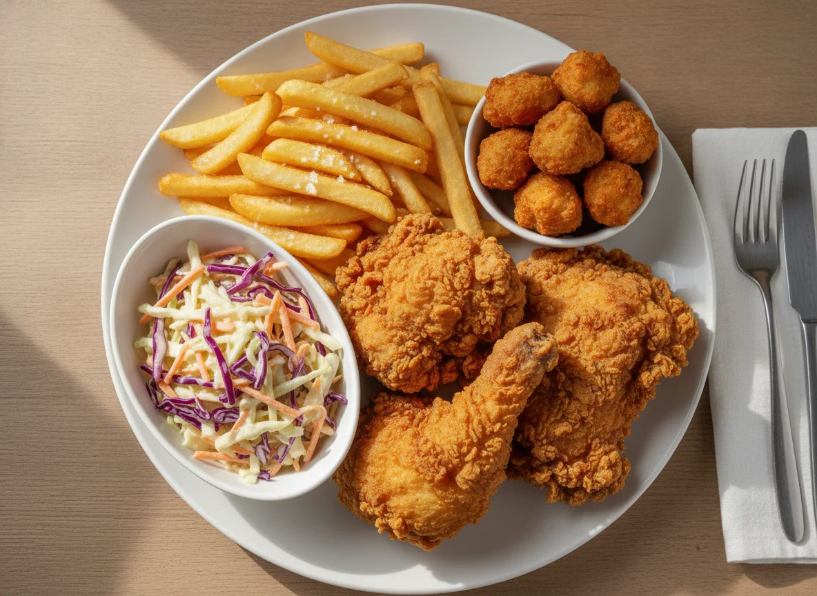 Fried chicken with chips and coleslaw photo