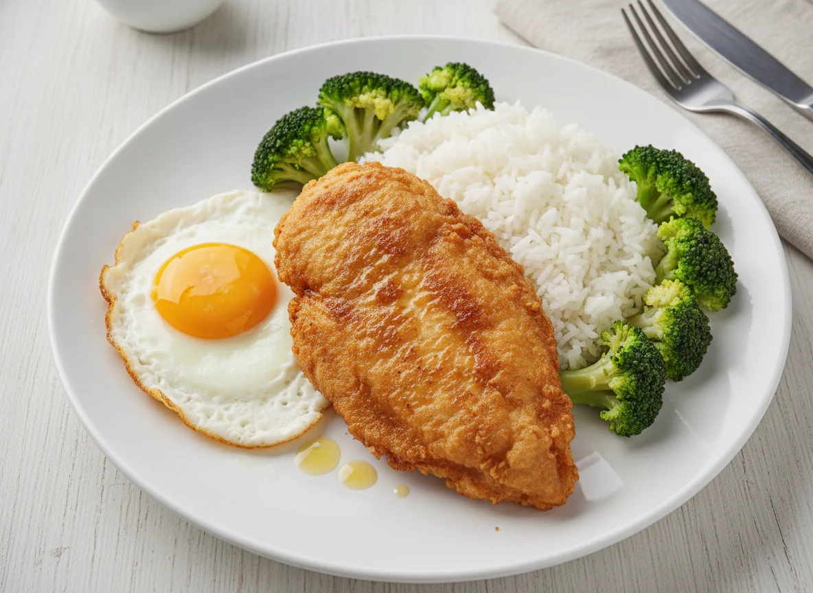 Fried Chicken with Egg, Broccoli, and White Rice photo