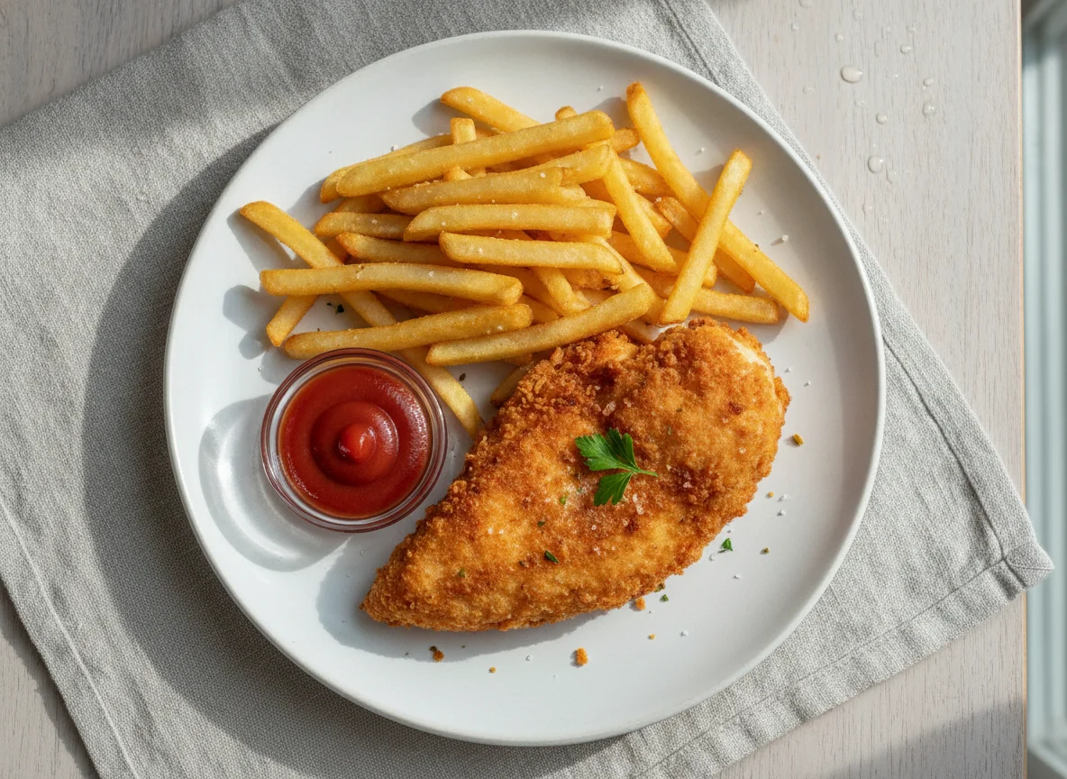 Fried chicken with french fries and ketchup photo