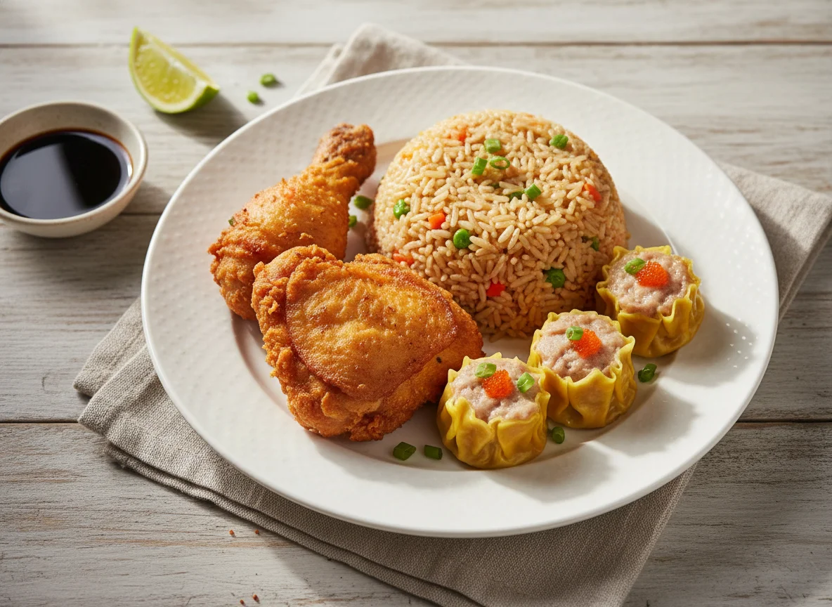 Fried Chicken with Fried Rice and Siomai photo