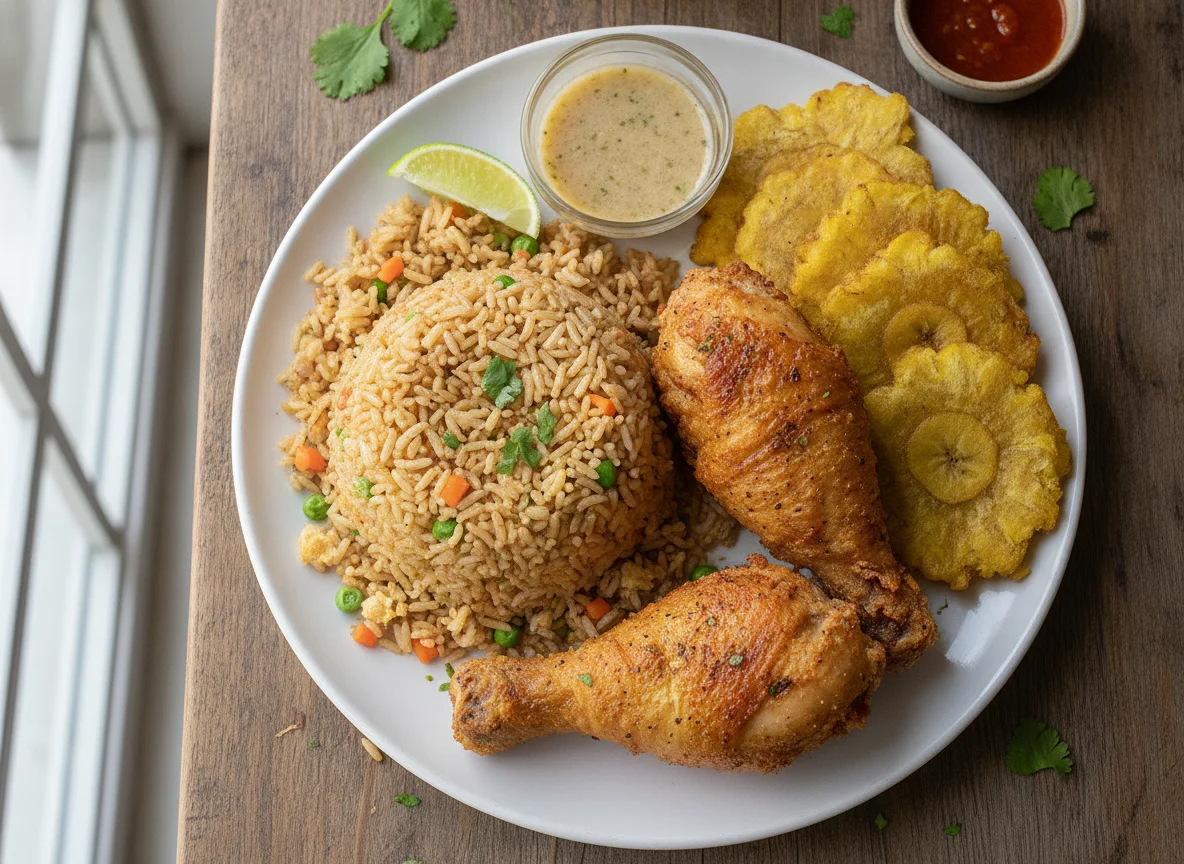 Fried Chicken with Fried Rice and Tostones photo