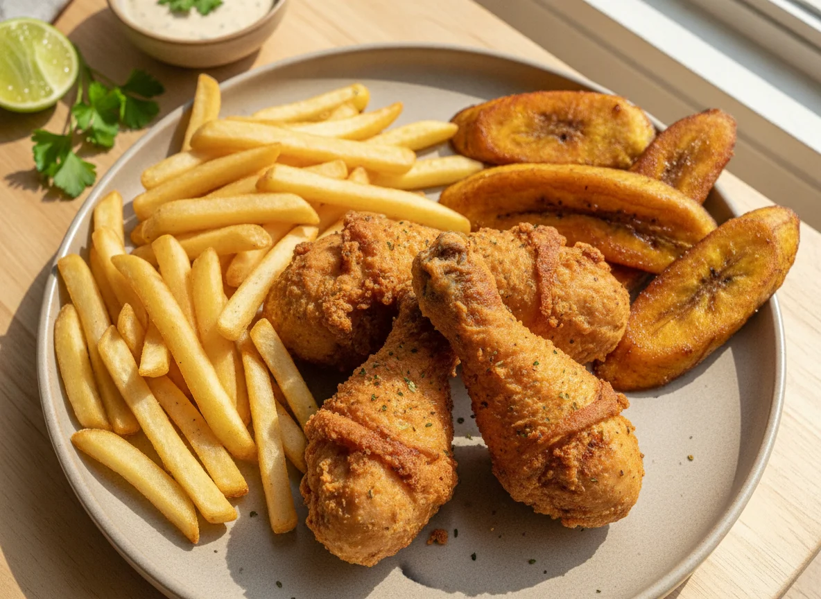 Fried Chicken with Fries and Fried Plantain photo