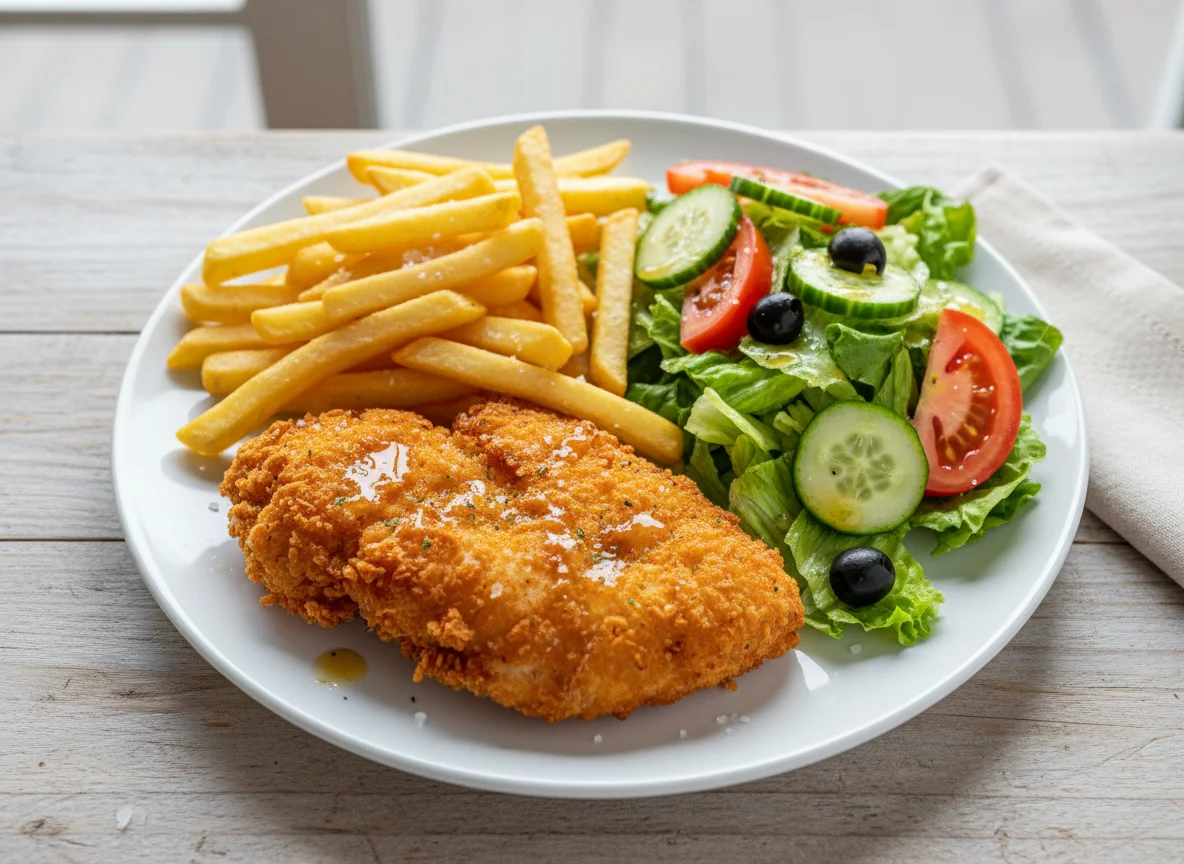 Fried Chicken with Fries and Salad photo