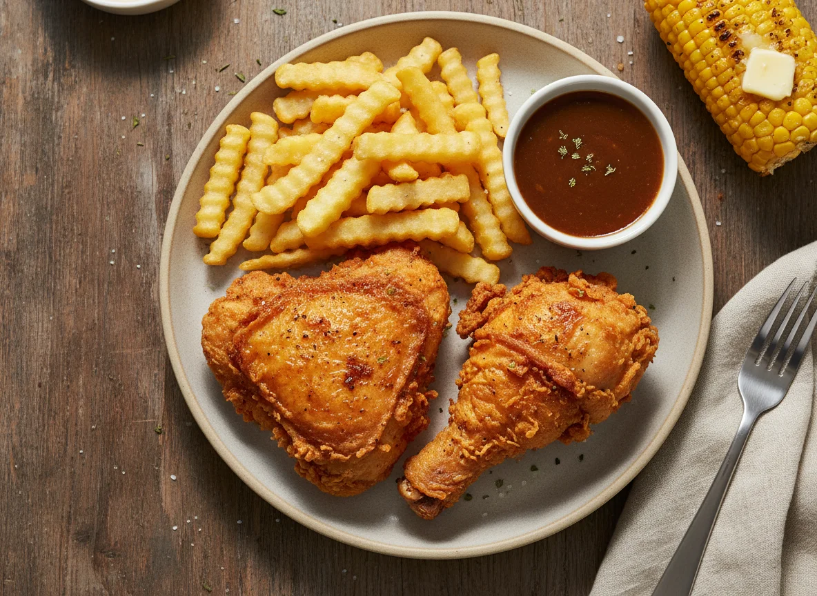 Fried Chicken with Fries, Gravy, and Corn on the Cob photo