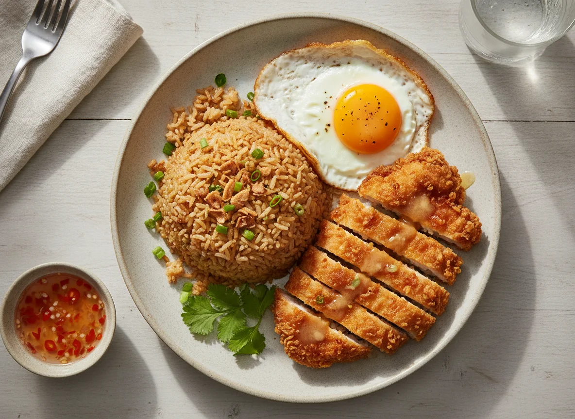 Fried Chicken with Garlic Rice and Fried Egg photo