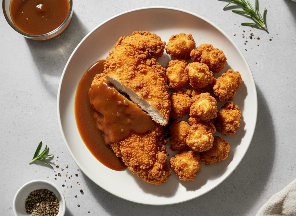 Fried Chicken with Gravy and Popcorn Chicken photo