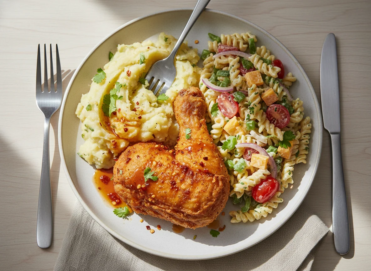 Fried Chicken with Mashed Plantains and Pasta Salad photo