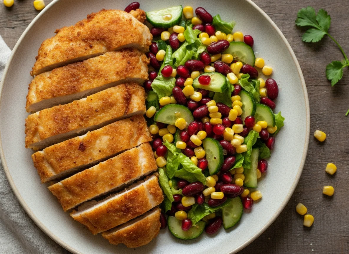 Fried Chicken with Mixed Bean and Corn Salad photo