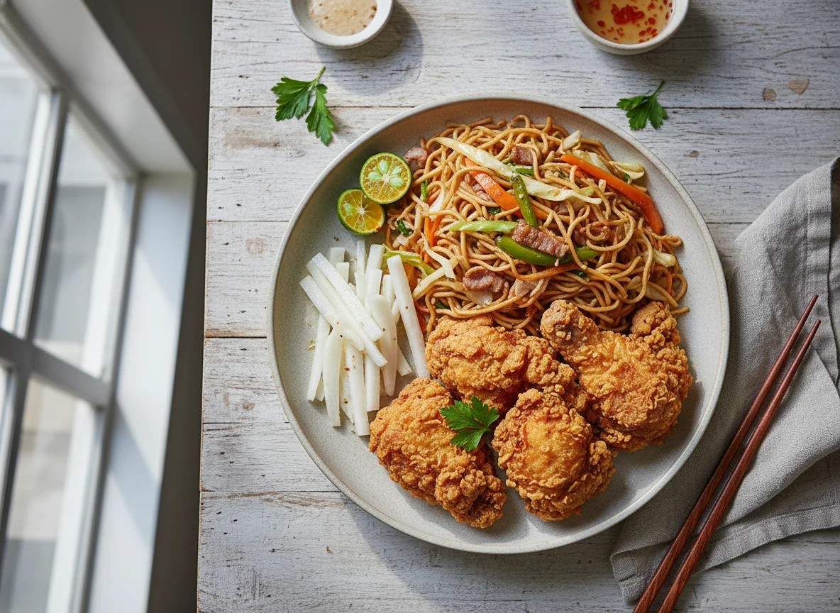 Fried Chicken with Pancit and Singkamas photo