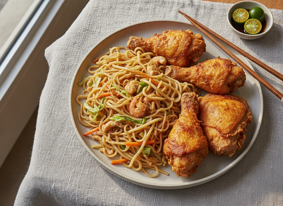 Fried Chicken with Pancit Canton and Bihon photo