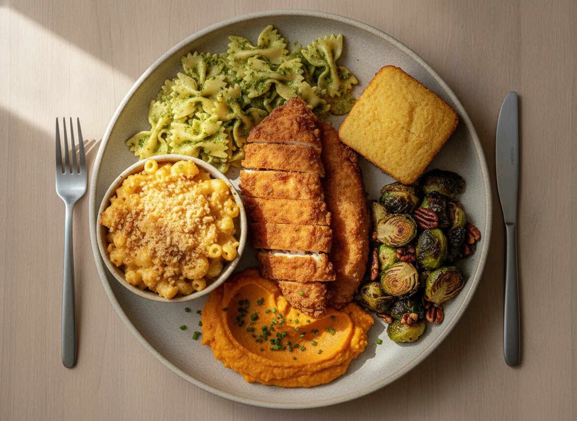 Fried chicken with pasta and sides photo