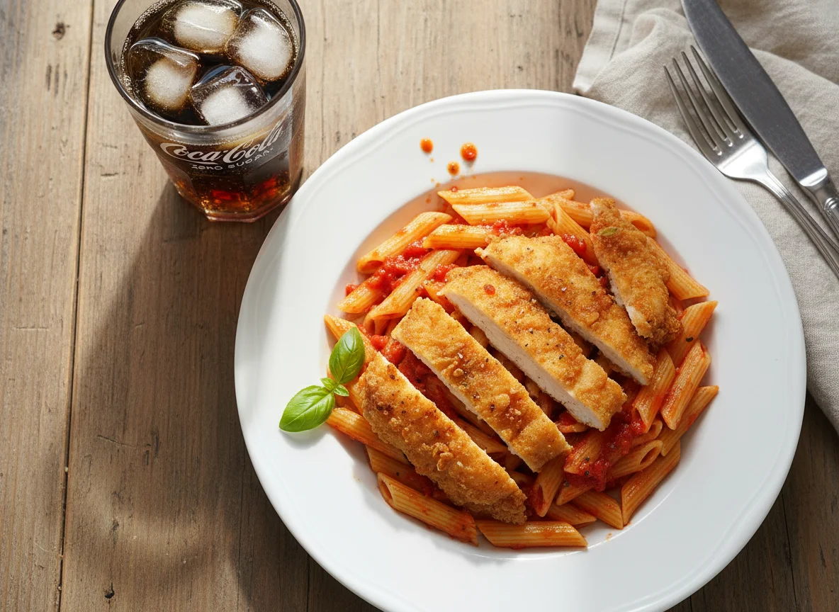 Fried Chicken with Penne Pasta and Tomato Sauce, and Diet Coke photo