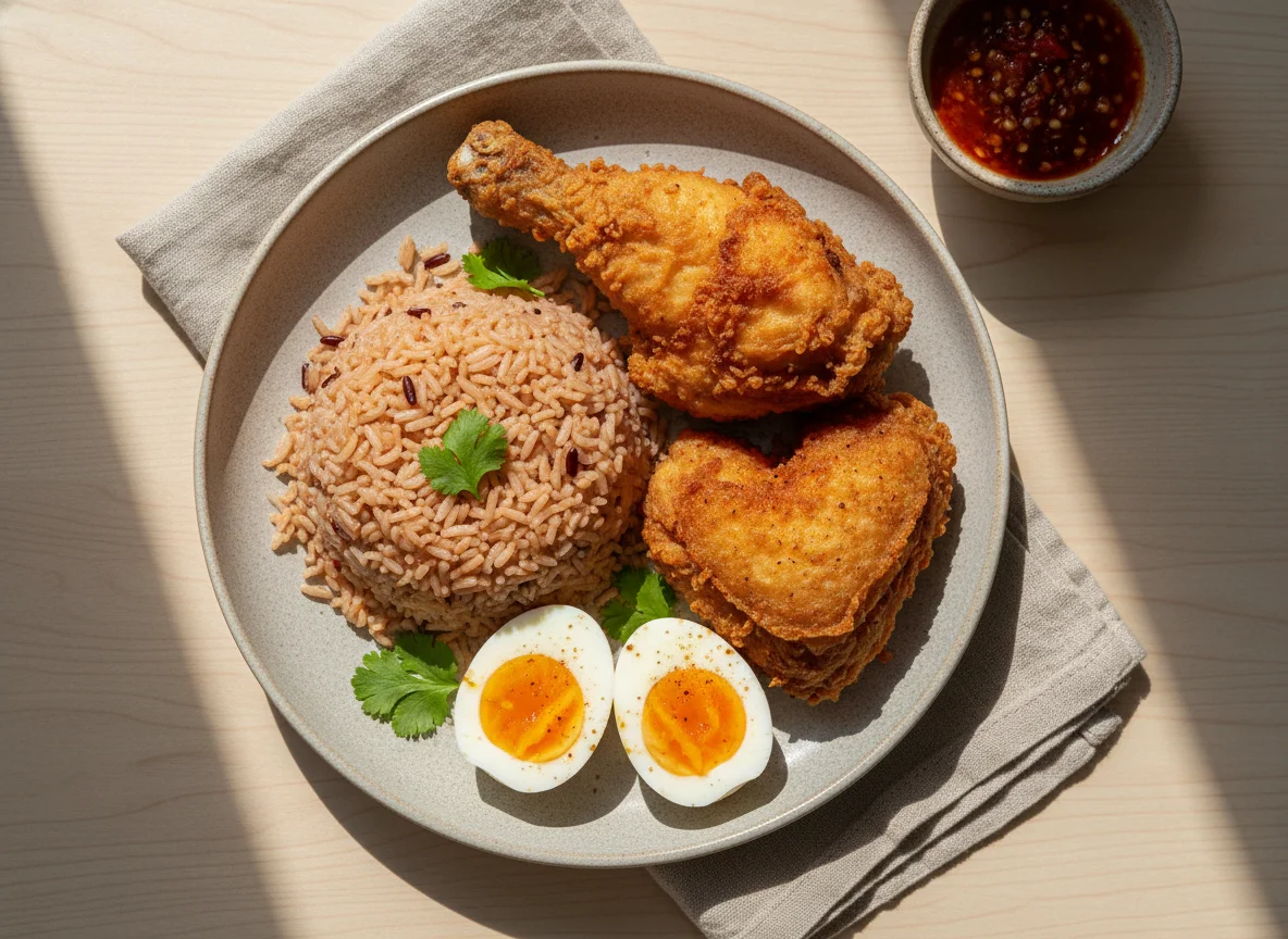 Fried Chicken with Red Rice and Boiled Eggs photo