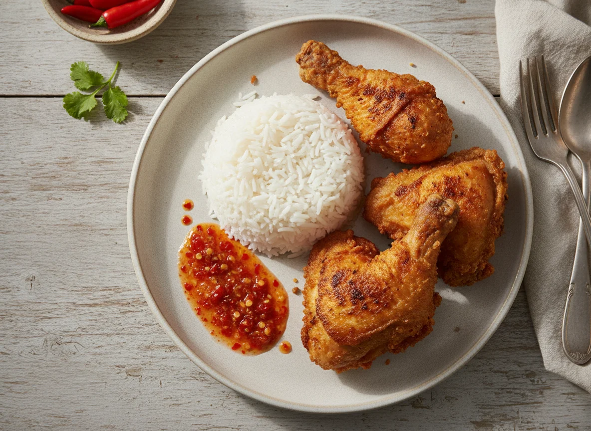 Fried Chicken with Rice and Chili Sauce photo