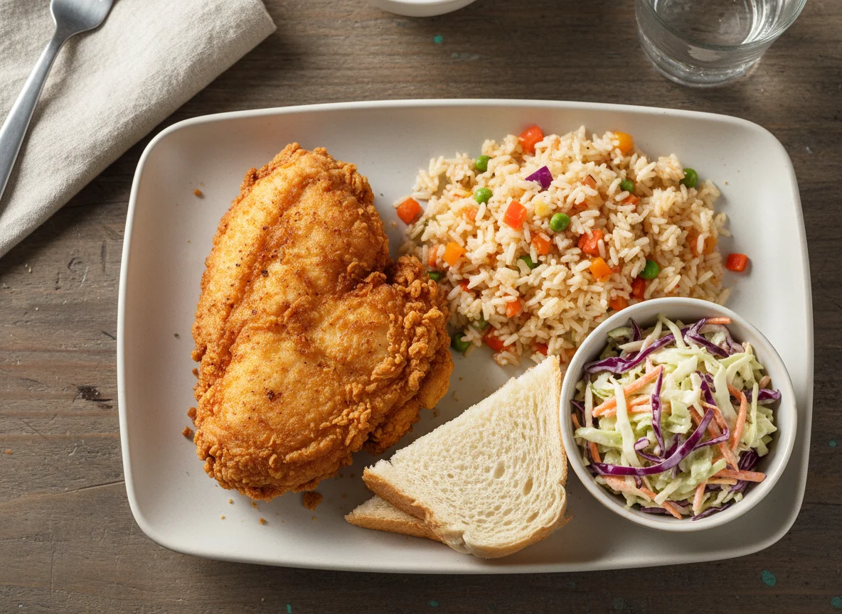 Fried Chicken with Rice and Coleslaw photo