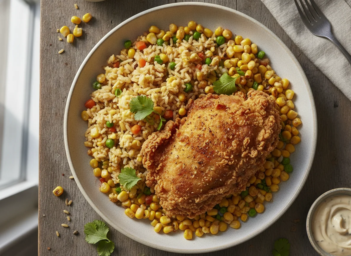 Fried Chicken with Rice and Corn photo