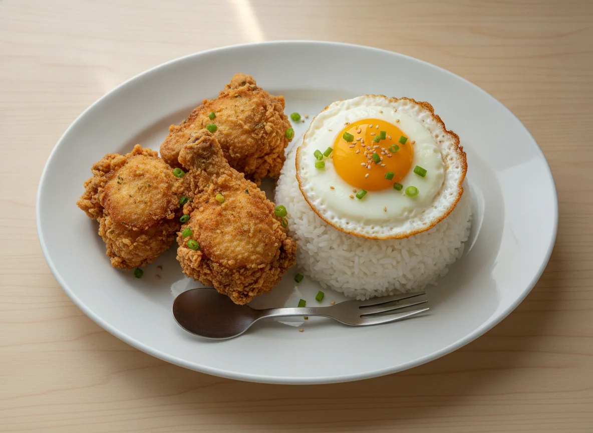 Fried Chicken with Rice and Egg photo