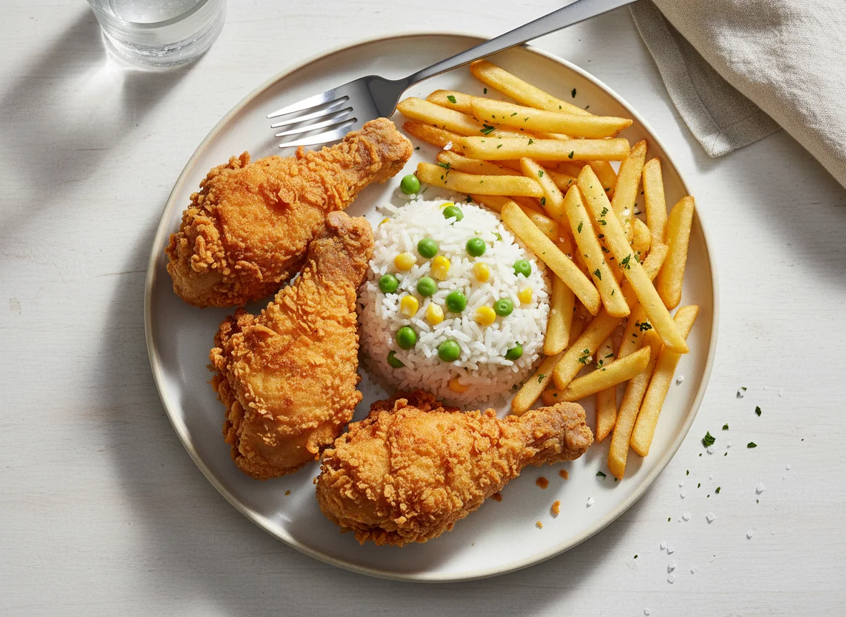 Fried Chicken with Rice and Fries photo