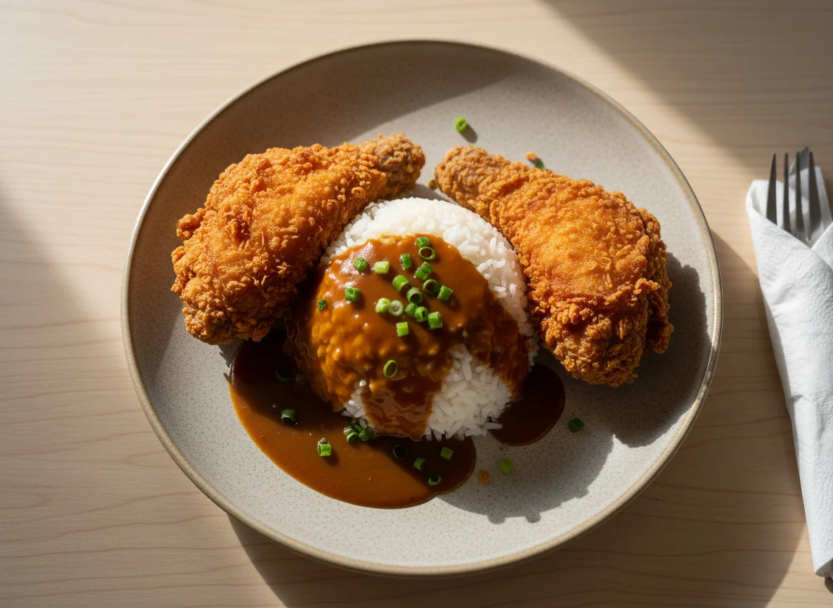 Fried Chicken with Rice and Gravy photo