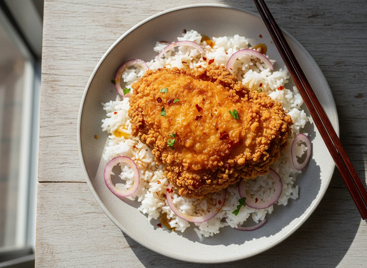Fried Chicken with Rice and Onions photo