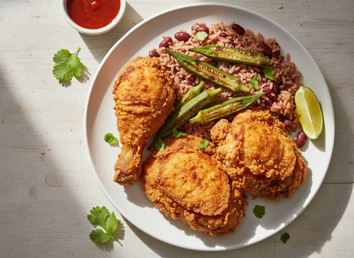 Fried Chicken with Rice and Peas photo