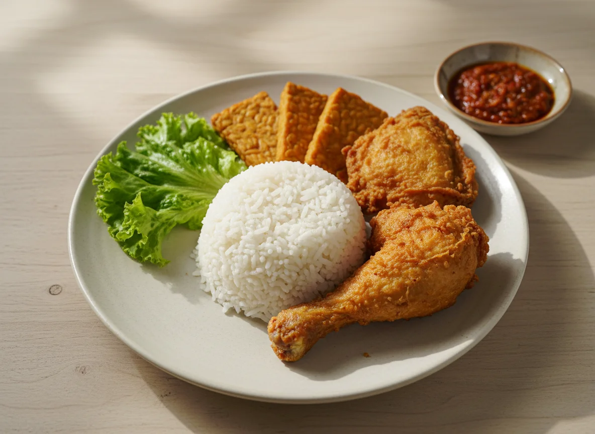 Fried Chicken with Rice and Tempeh photo