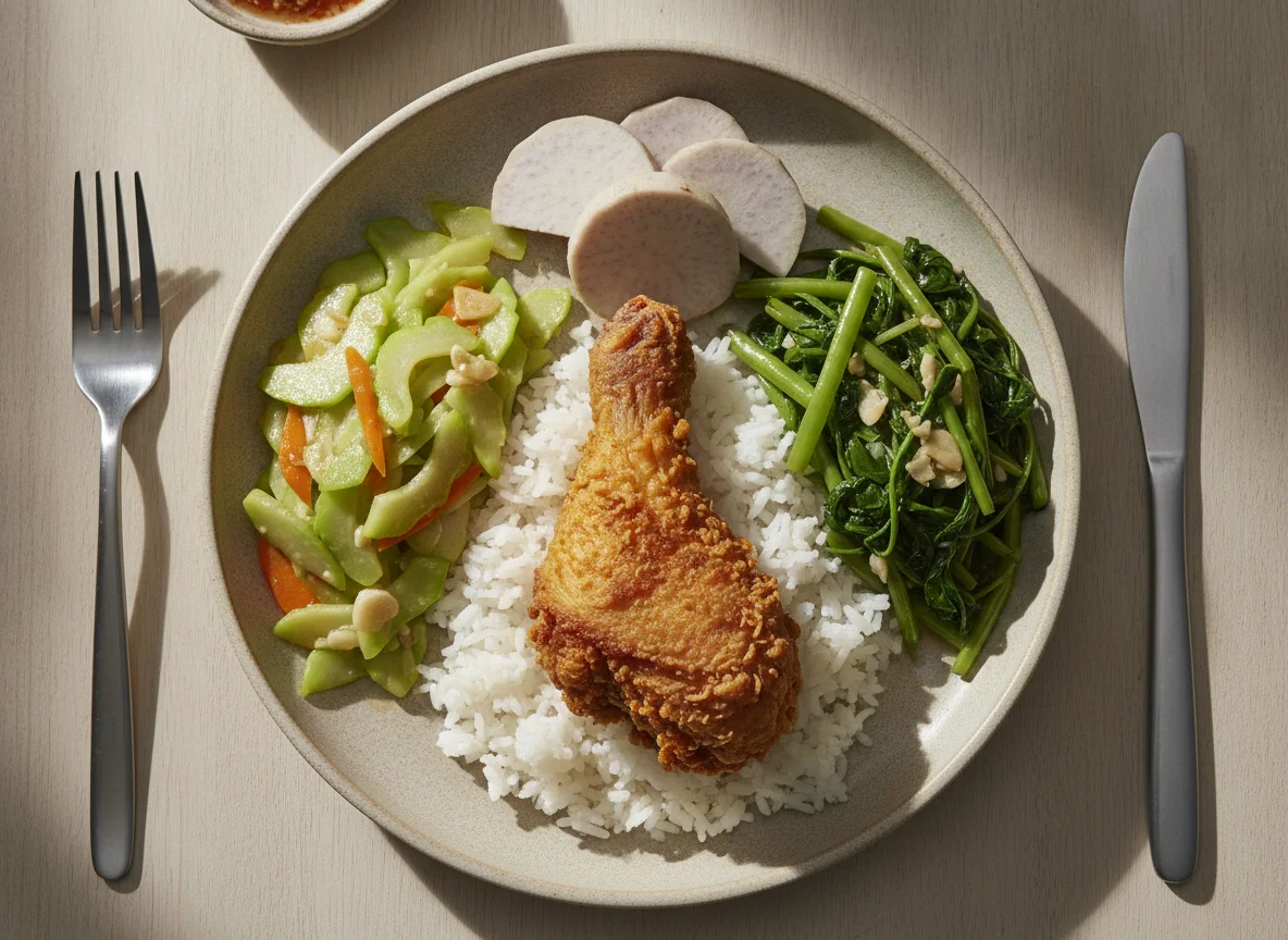 Fried Chicken with Rice and Vegetables photo