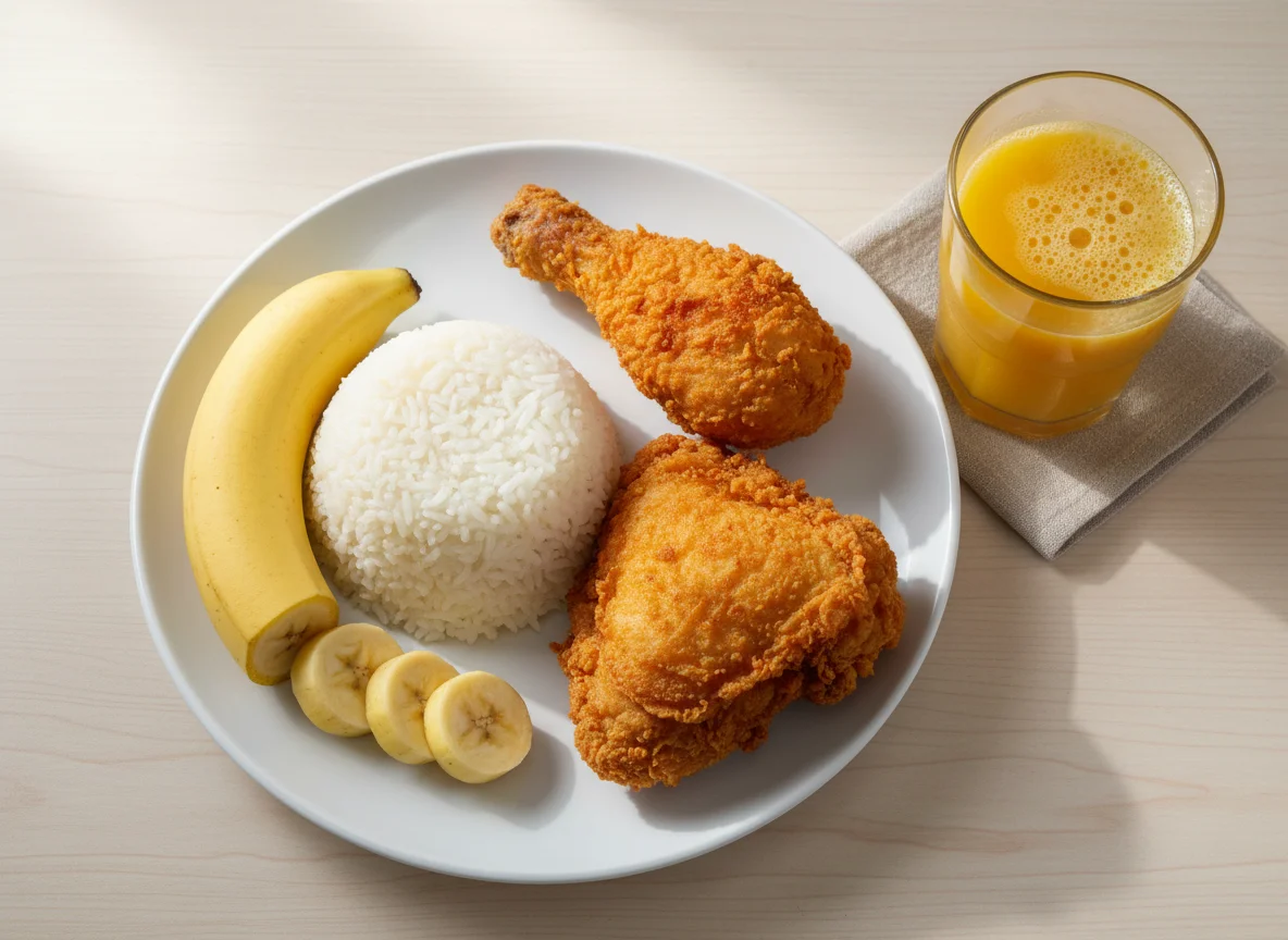 Fried Chicken with Rice, Bananas, and Mango Juice photo