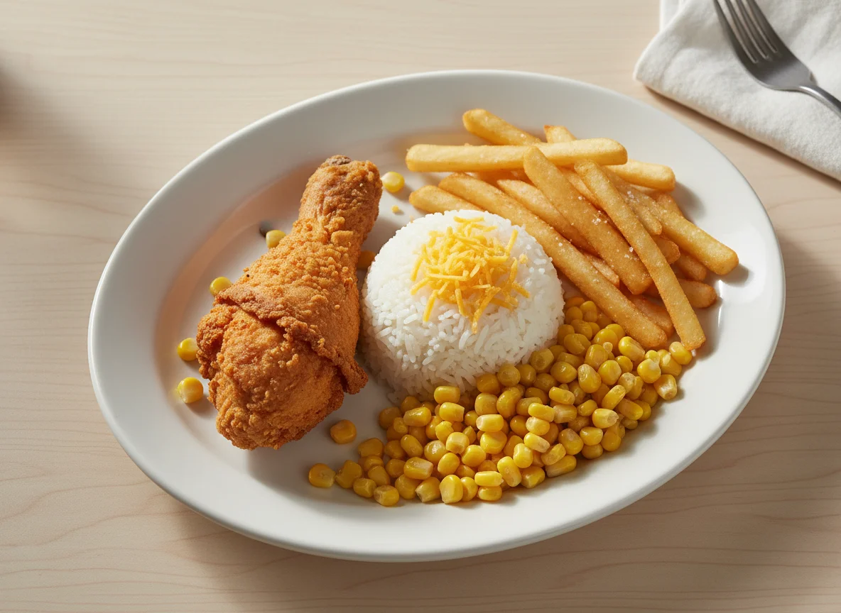 Fried Chicken with Rice, Fries, Cheese, and Corn photo