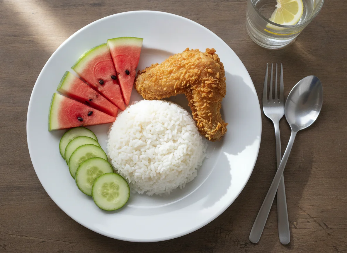 Fried Chicken with Rice, Watermelon, and Cucumber photo