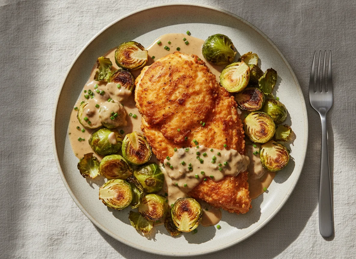 Fried Chicken with Roasted Brussels Sprouts and Sauce photo