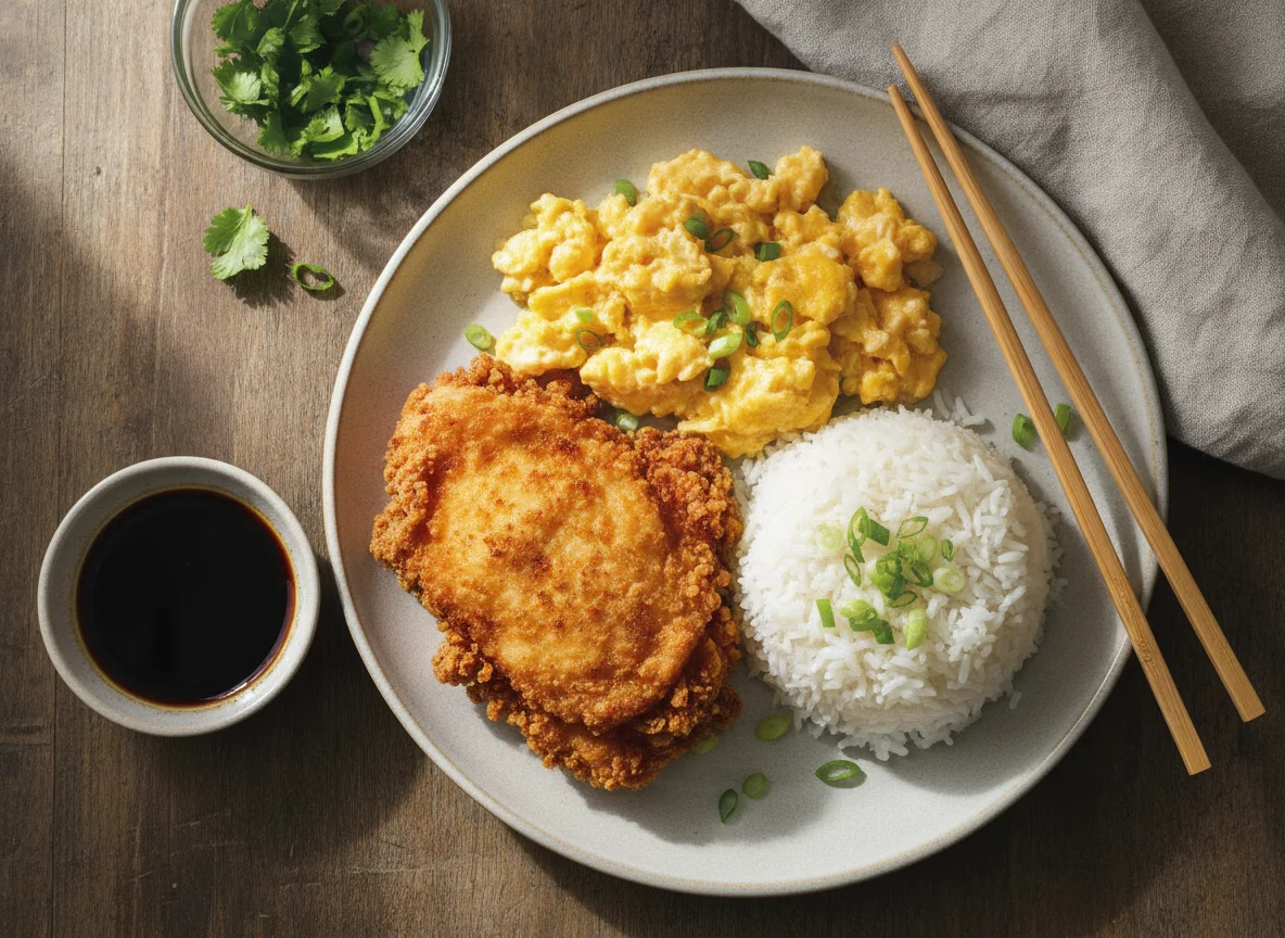 Fried Chicken with Scrambled Eggs and Rice photo