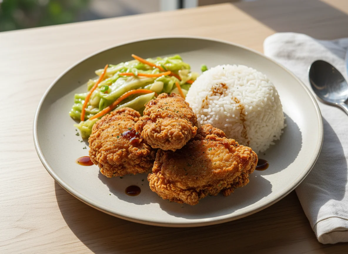Fried Chicken with Stir-fried Cabbage and Rice photo