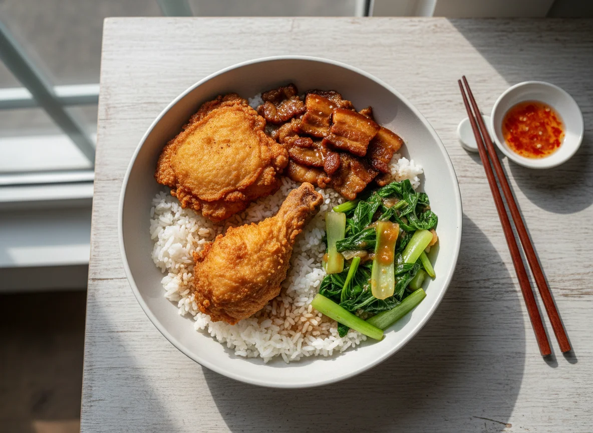 Fried Chicken with Stir-fried Pork and Vegetables on Rice photo