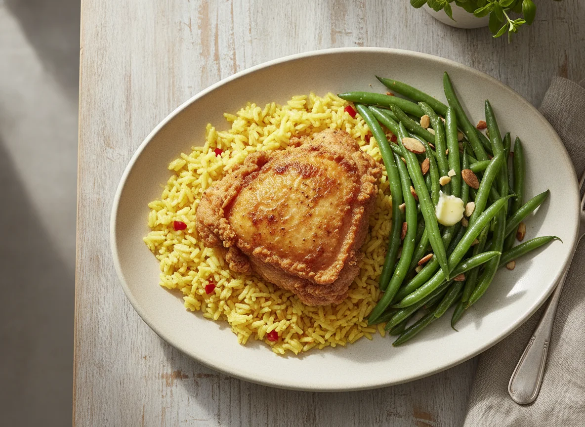 Fried Chicken with Yellow Rice and Green Beans photo
