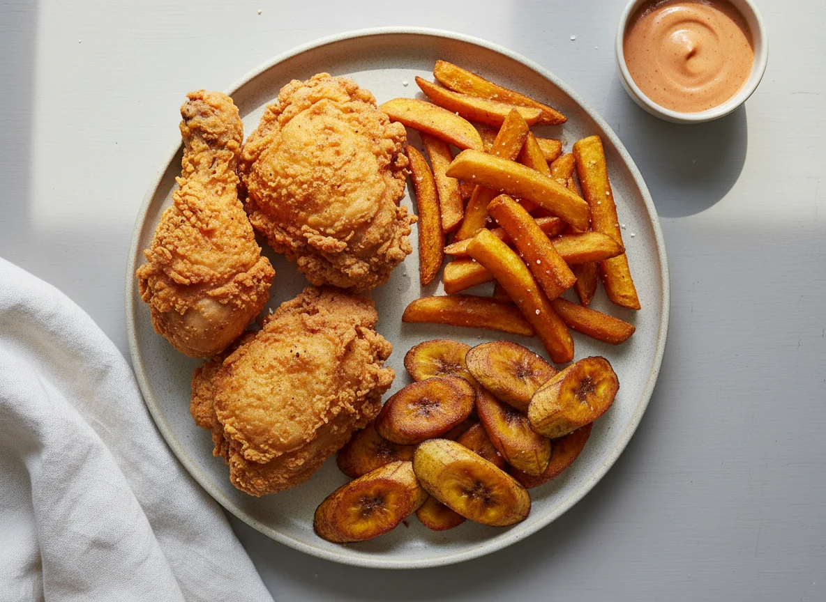 Fried Chicken, Yam Fries, and Fried Plantain photo