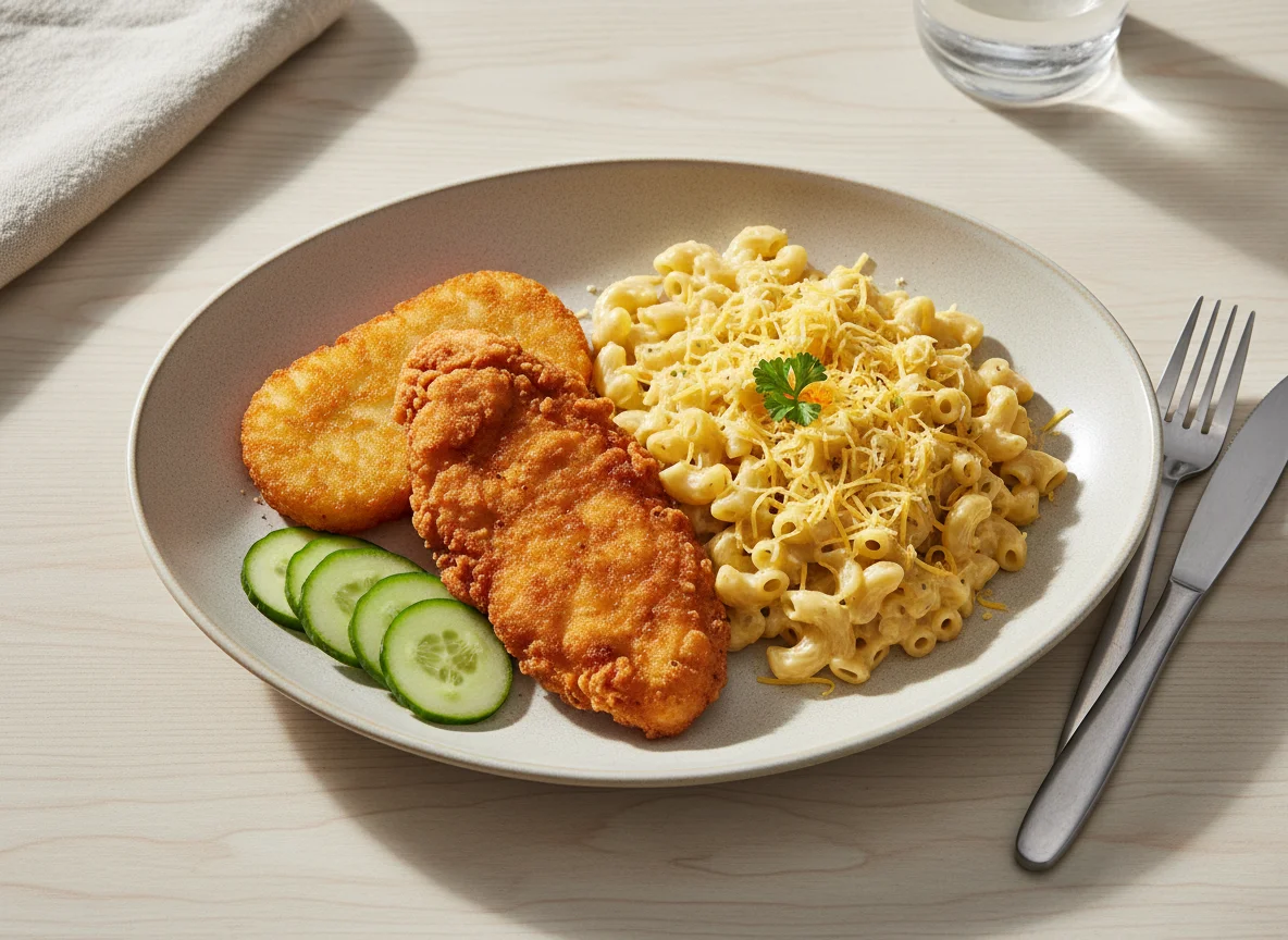 Fried Chicken/Fish with Macaroni and Cucumber photo