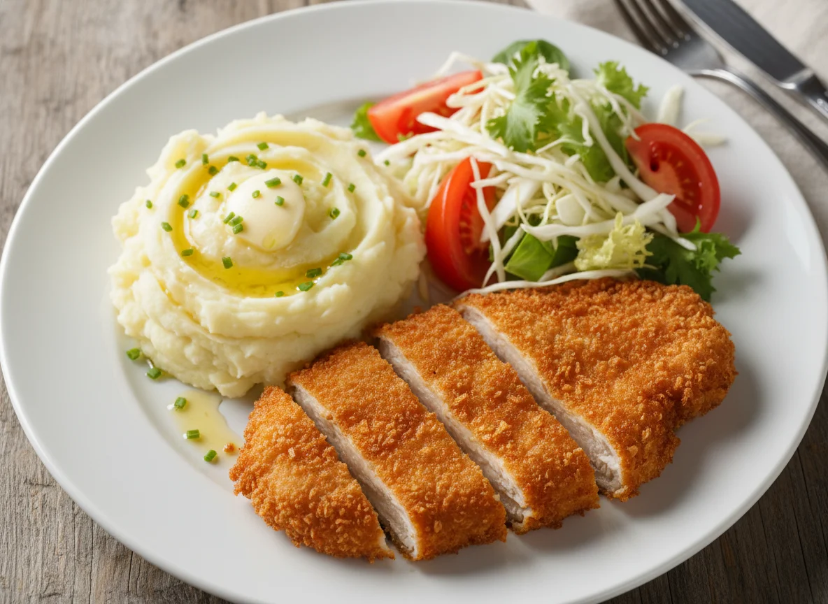 Fried Cutlet with Mashed Potatoes and Salad photo
