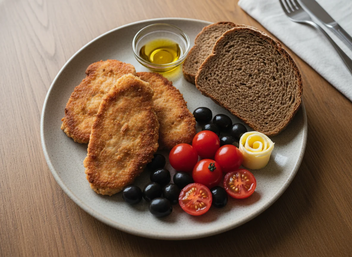 Fried Cutlets with Bread, Butter, Tomatoes, and Olives photo