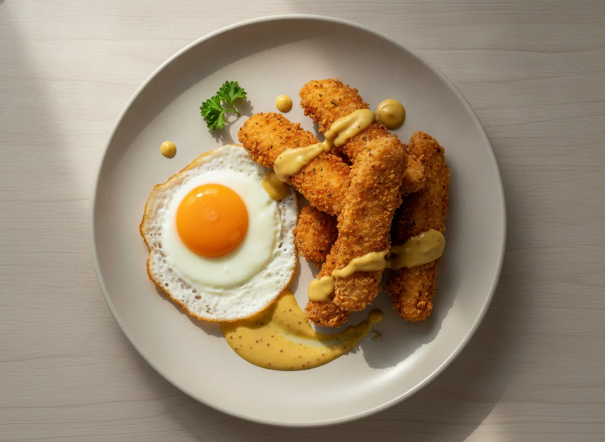 Fried Egg and Chicken Strips with Sauce photo